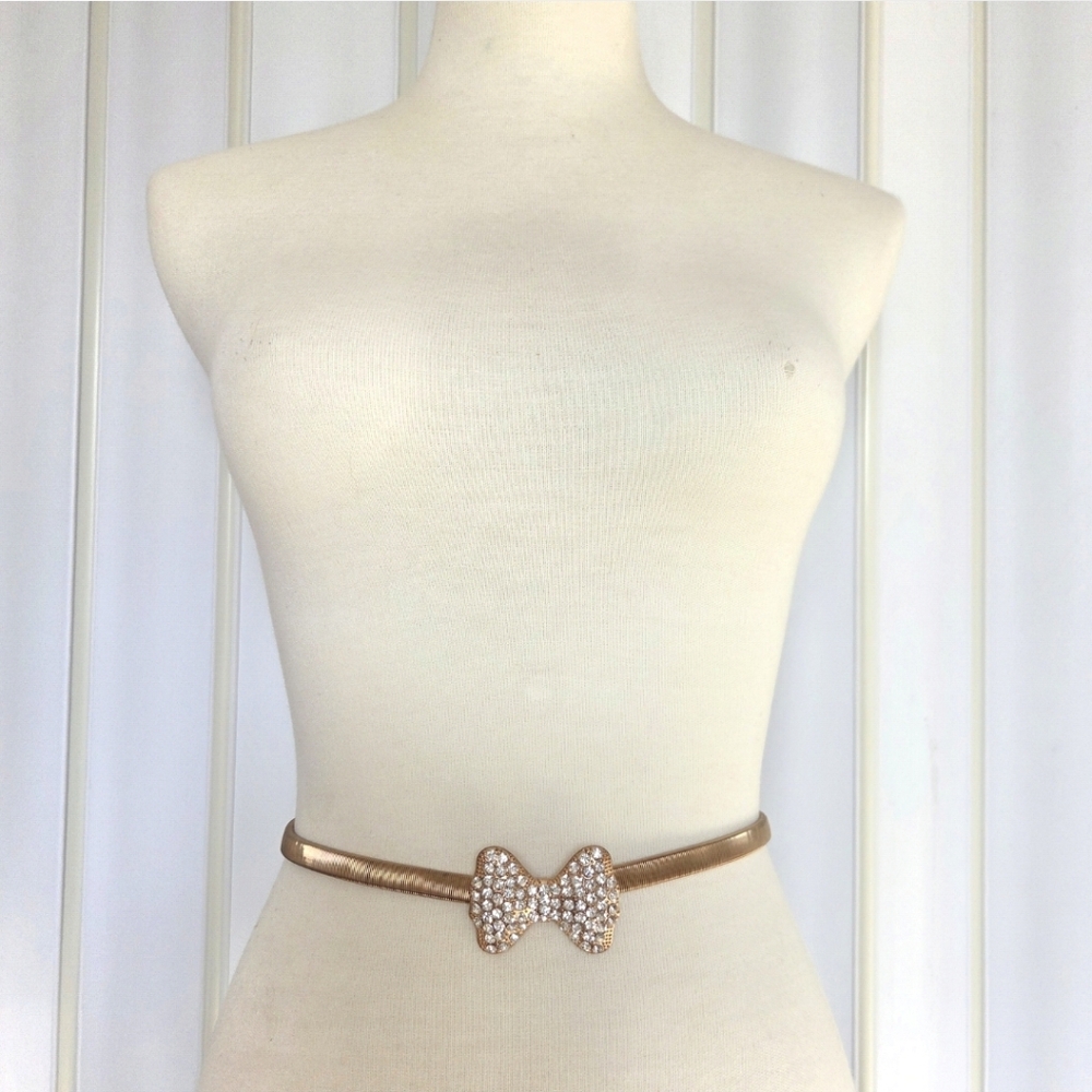 Vintage Stretchy Snake Chain Belt With Crystal Encrusted Bow Buckle Copper Tone